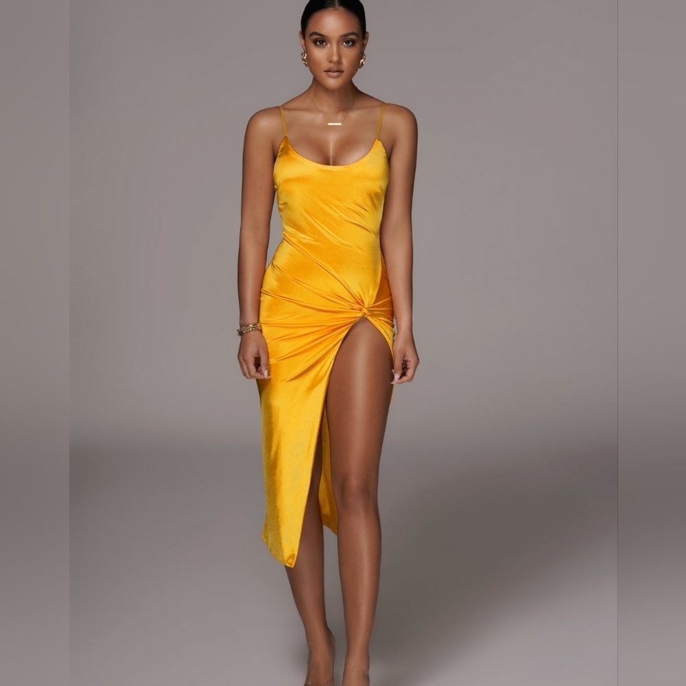 Yellow Satin High Slit Dress